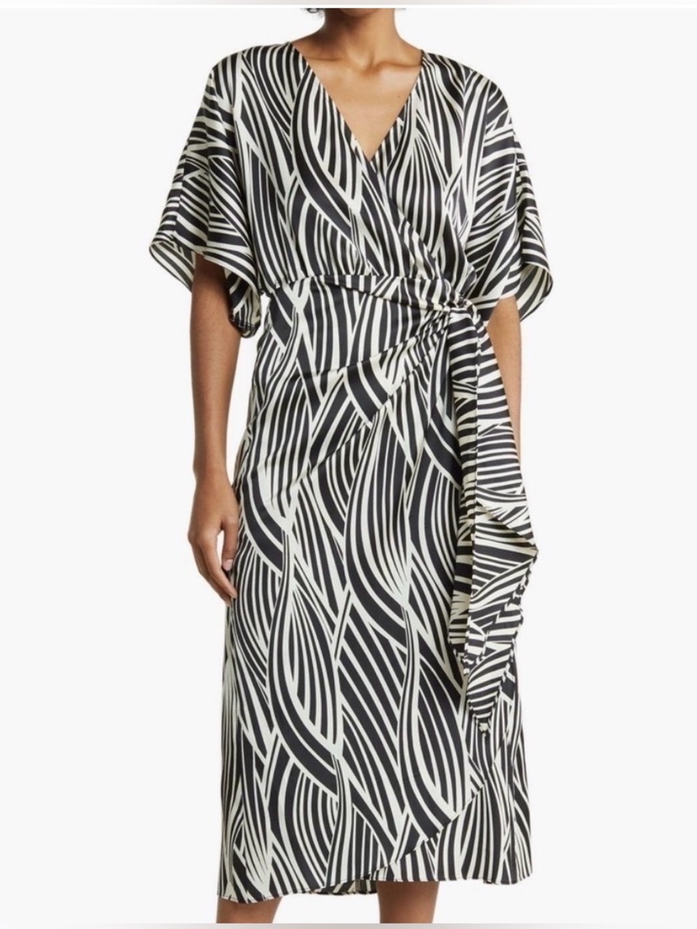 NEW Lush Printed Satin Side Tie Black and Off White Midi Wrap Dress